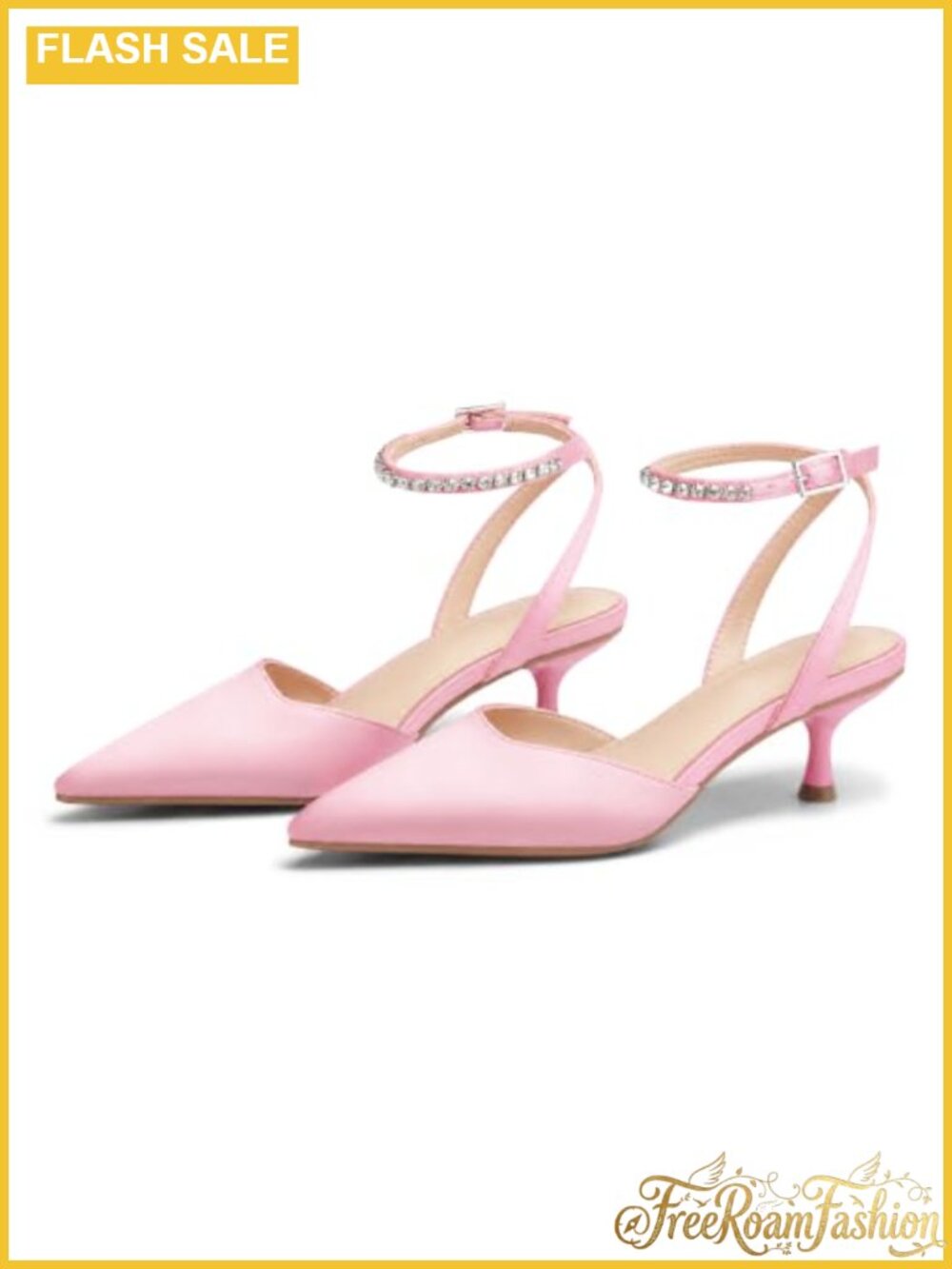 Satin Kitten Heel Pointed Toe Rhinestone Ankle Strap Dress Pumps